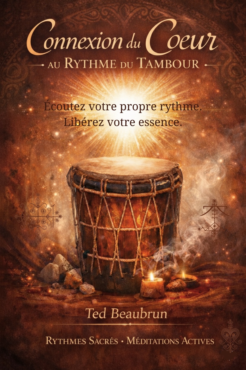 Tambour traditionnel illuminé par une lumière dorée et spirituelle, entouré de symboles vodou, visuel de l’atelier « Connexion du Cœur au Rythme du Tambour » de Ted Beaubrun.